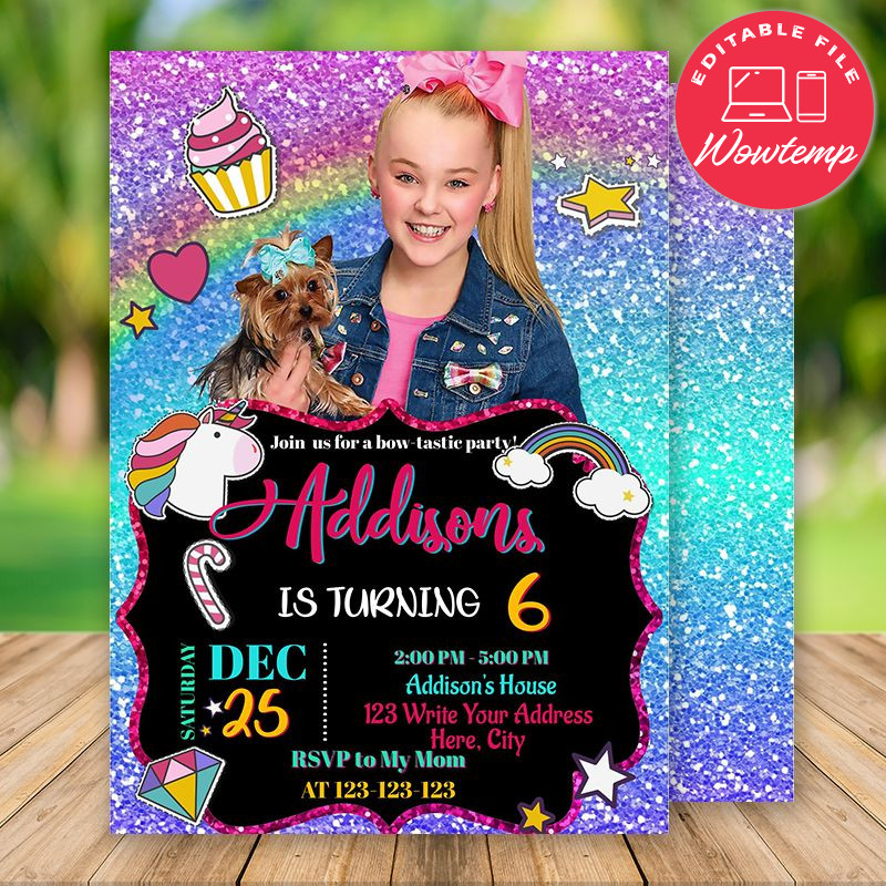 Editable Jojo Siwa Birthday Invitation and Free Thank You Card | Wowtemp