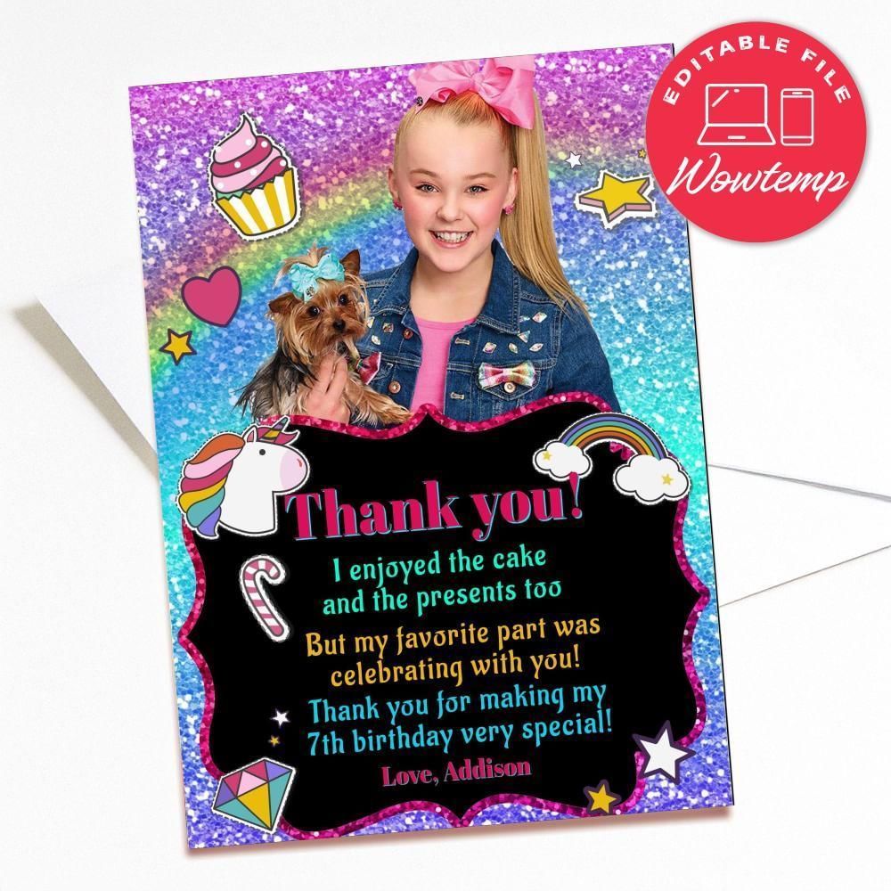 Printed - Editable Jojo Siwa Thank You Card (envelopes included)