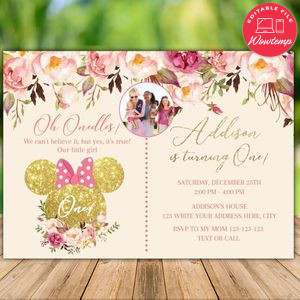 Printable Minnie Mouse Pink Gold Glitter Birthday Flyer With Photo Instant Download