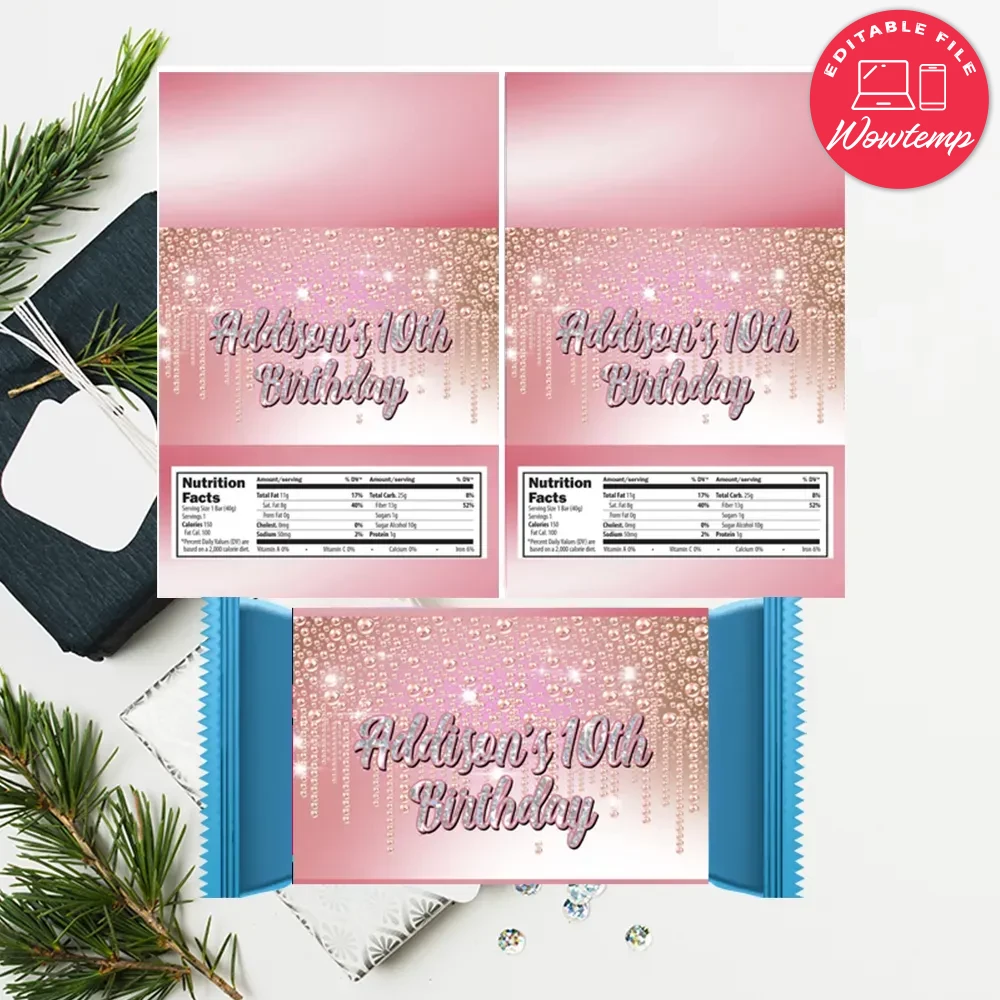 Pink Gold Pearls Diamonds Candy Bar Wrapper Label Digital File | Wowtemp