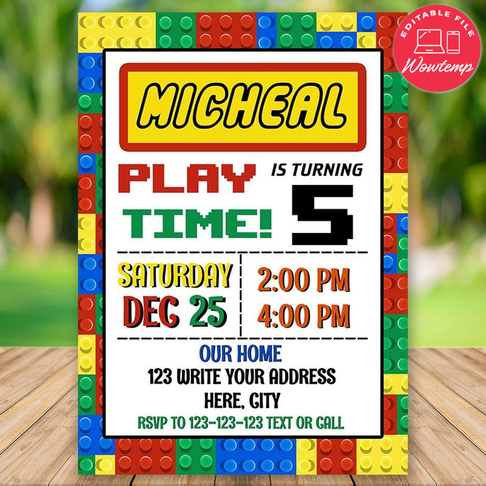Printed - Editable Colorful Lego Building Blocks Invitation (envelopes included)