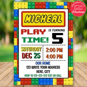 Editable Colorful Lego Building Blocks Invitation Instant Download