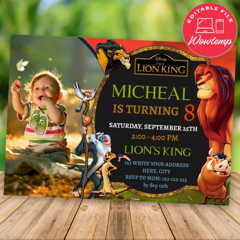 Editable The Lion King With Picture Birthday Invitation DIY | Zingtemp