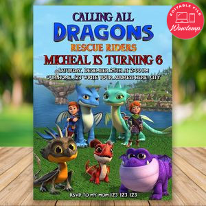 Editable Dragons Rescue Riders birthday Flyer Instant Download