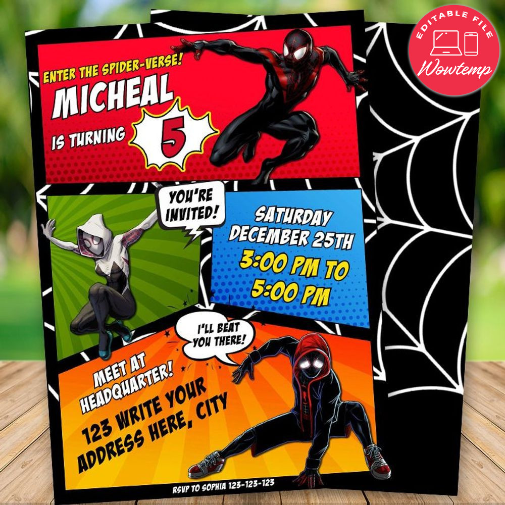Printed - Editable ENTER THE SPIDER-VERSE! Spiderman Birthday Invitation (envelopes included)
