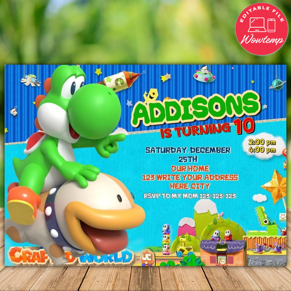 Printed - Printable Yoshi's Crafted World Party Invites (envelopes included)