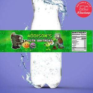 Plants vs Zombies Water Bottle Label Template to Print at Home Instant Download