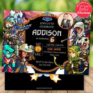 Editable Brawlhalla Video Game Birthday Invitation With Photo Instant Download