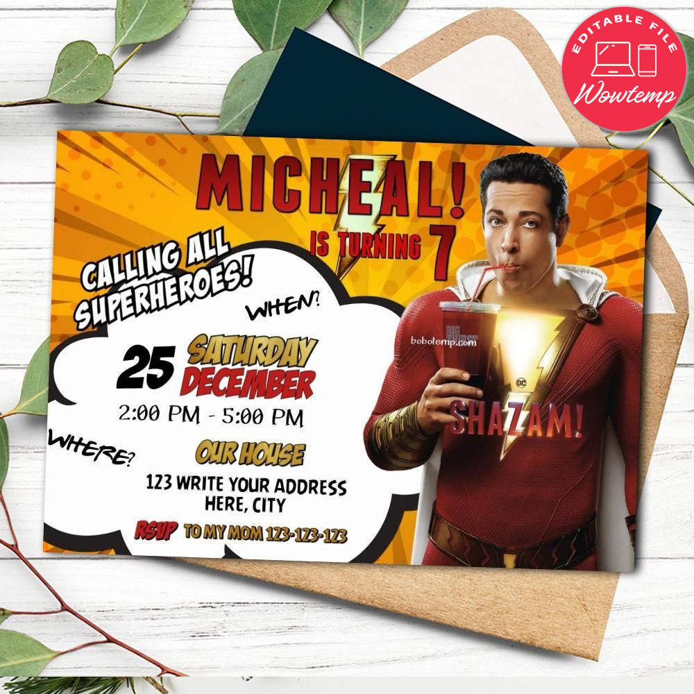 Printed - Editable SHAZAM Birthday Invitation (envelopes included)