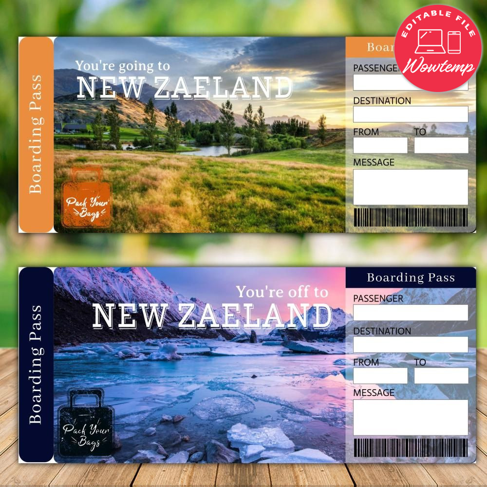 Editable NEW ZEALAND Surprise Gift Ticket Instant Download | Wowtemp