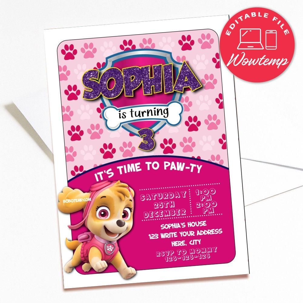 Printed - Editable Skye Paw Patrol Birthday Invitations (envelopes included)