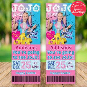 Editable JoJo Siwa TICKET INVITATION - JoJo Gifts and Free Thank You Tag Instant Download