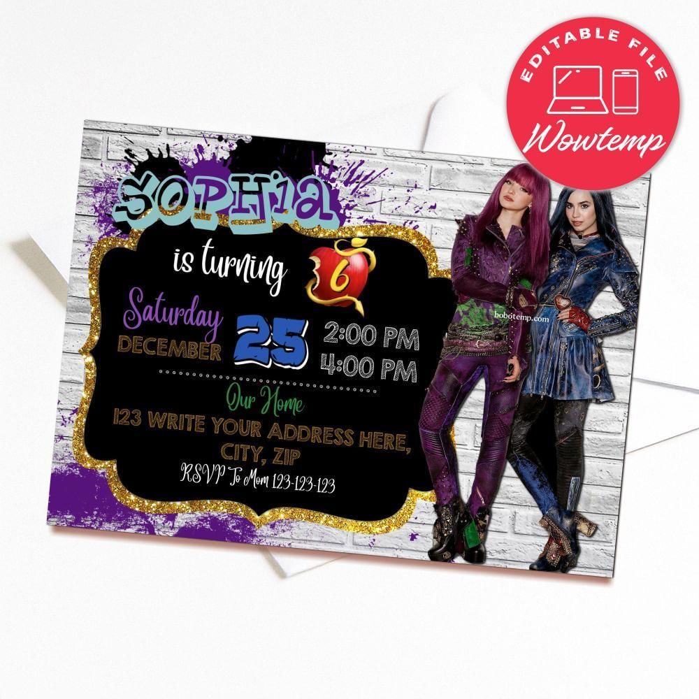 Printed - Editable Girl Descendants 2 Birthday Invitation and Free Thank You Card (envelopes included)
