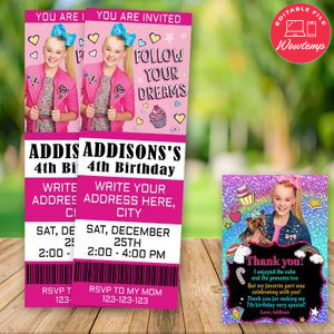 Editable Jojo Siwa Ticket Birthday Flyer and Free Thank You Tag Instant Download
