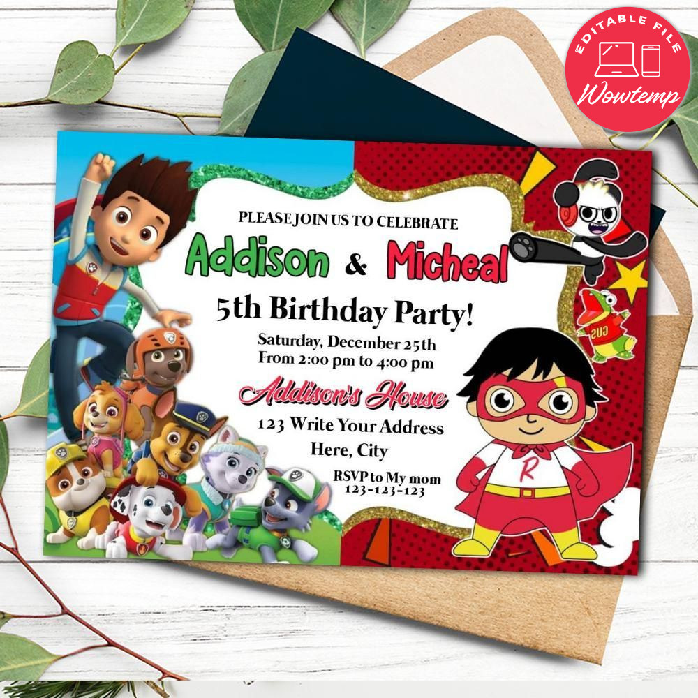 Paw Patrol And Ryans World Twins Birthday Flyer Printable Instant Download
