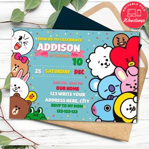 Line friends Invitation Template to Print at Home Instant Download