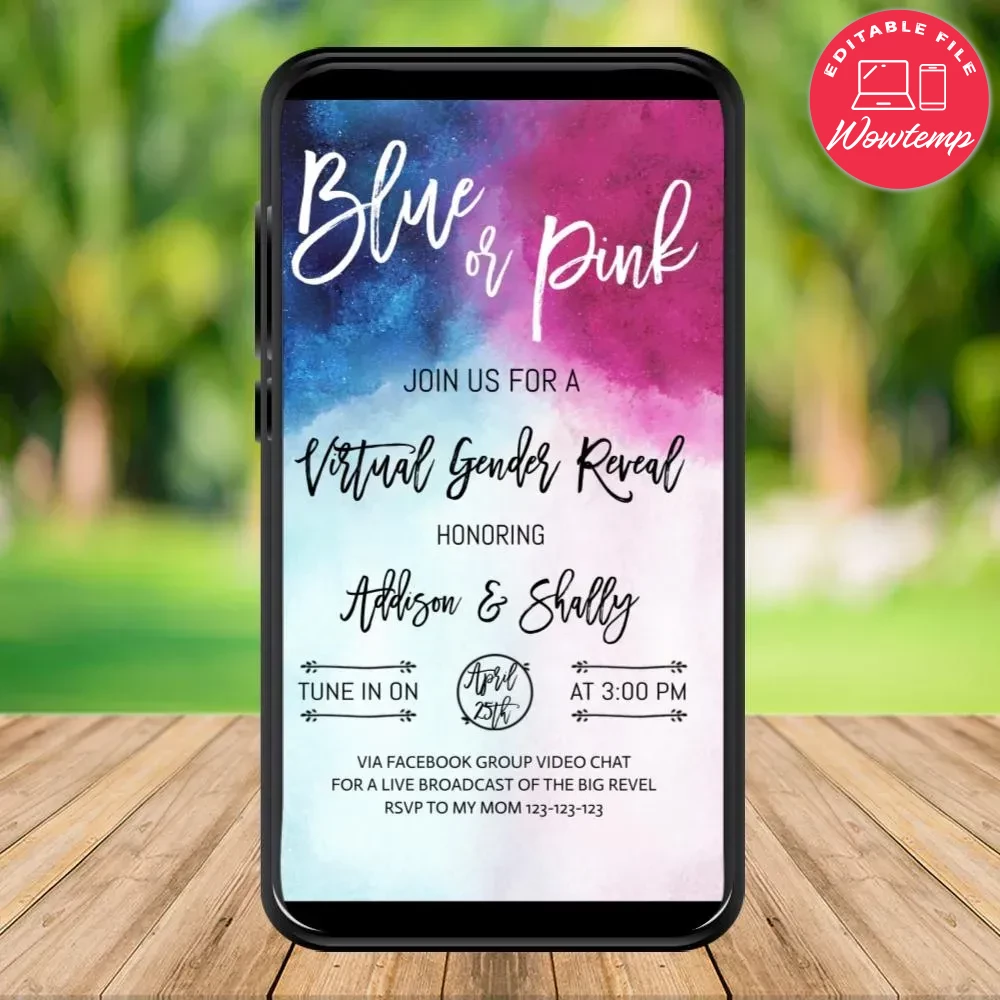Electronic Pink or Blue Virtual Gender Reveal Invitation Electronic
