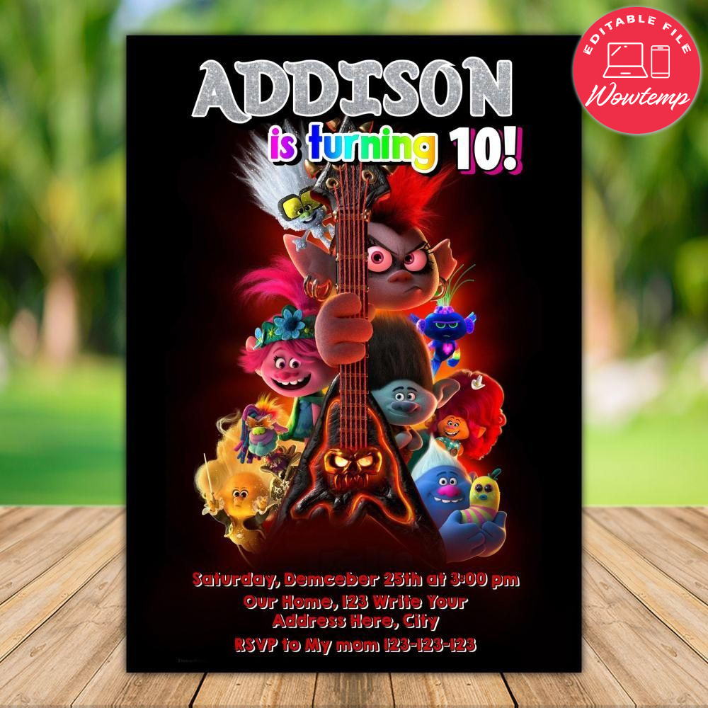 Printable Trolls World Tour Birthday Flyer Template Instant Download