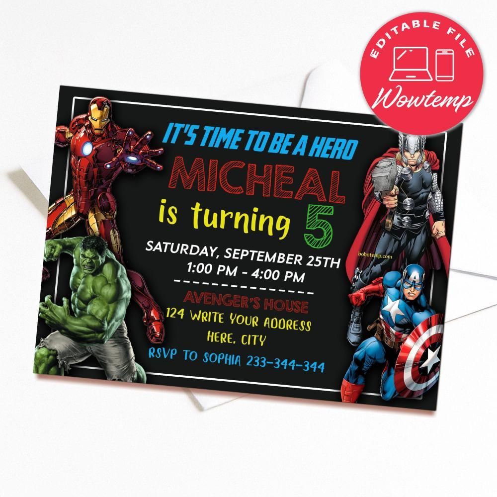 Printed - Avenger Birthday Invitation, Superhero Birthday Invitation (envelopes included)