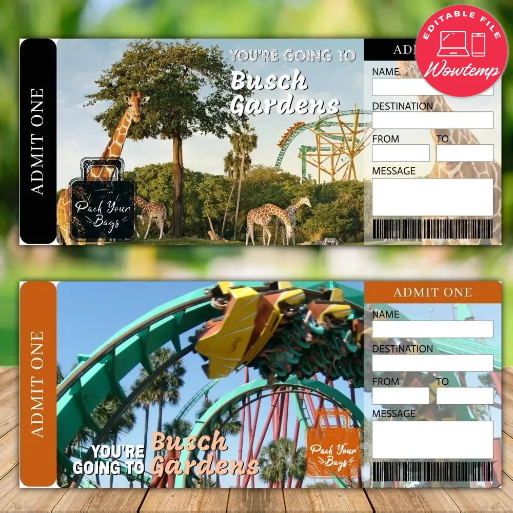 Editable BUSCH GARDENS Surprise Trip Tickets Instant Download | Wowtemp
