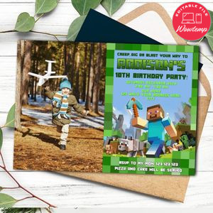 Minecraft Photo Birthday Digital Invitation Printable Instant Download