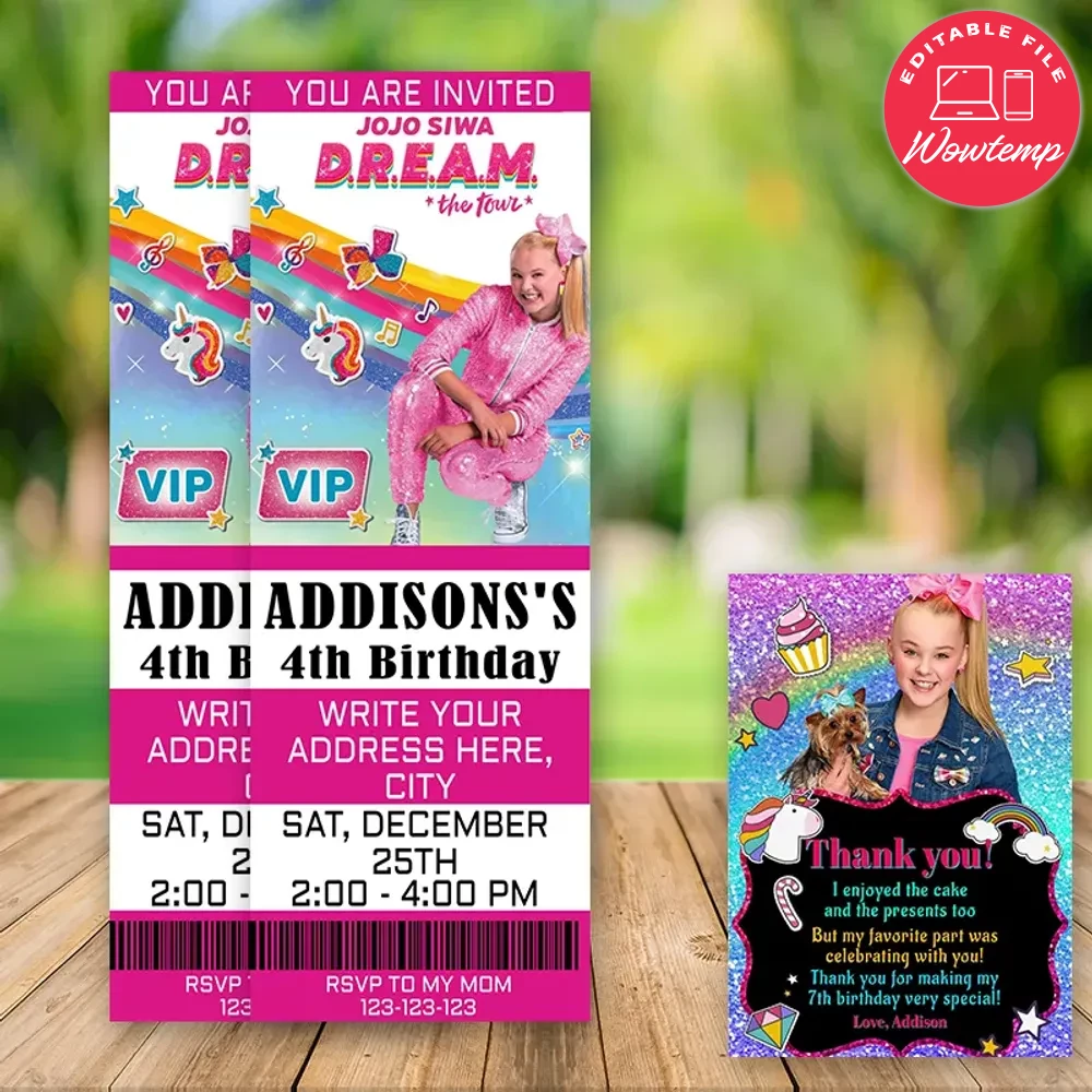 Editable Jojo Siwa Ticket Birthday Invitations Instant Download | Wowtemp
