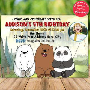 Printable We Bare Bears Birthday Invitation With Photo Instant Download