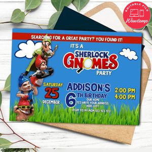 Sherlock Gnomes Birthday Invitation Printable Instant Download