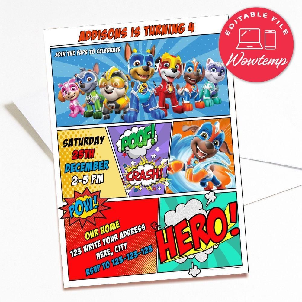Printed - Editable Superhero Paw Patrol Party Invitations and Free Thank You Card (envelopes included)
