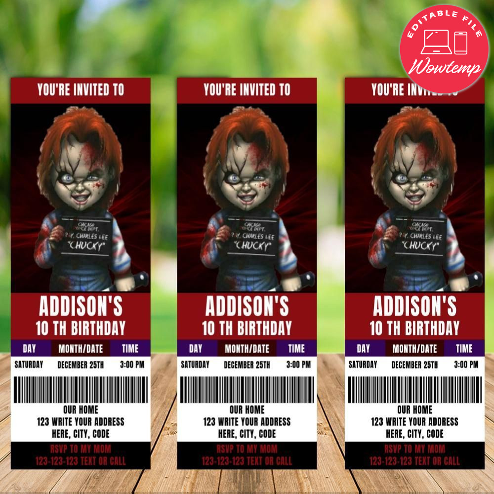 Editable Chucky Movie Ticket Birthday Flyer Instant Download