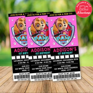 Editable Skye Paw Patrol Birthday Ticket Invitations Instant Download