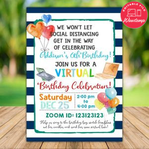 Printable Stay at Home Virtual Birthday Party Invitation Instant Download