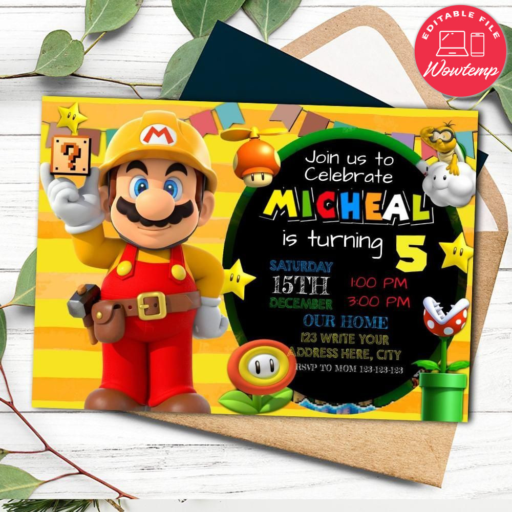 Editable Mario Luigi Bowser Toad Peach Mario Maker Invitation