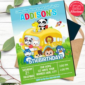 Baby bus panda Invitation Template to Print at Home Instant Download