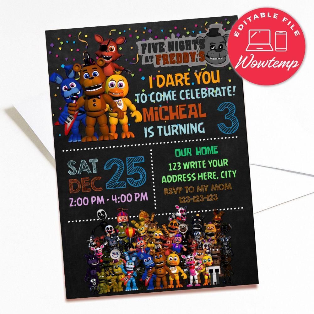Printed - Editable Five Nights at Freddy's Invitation and Free Thank You Card (envelopes included)