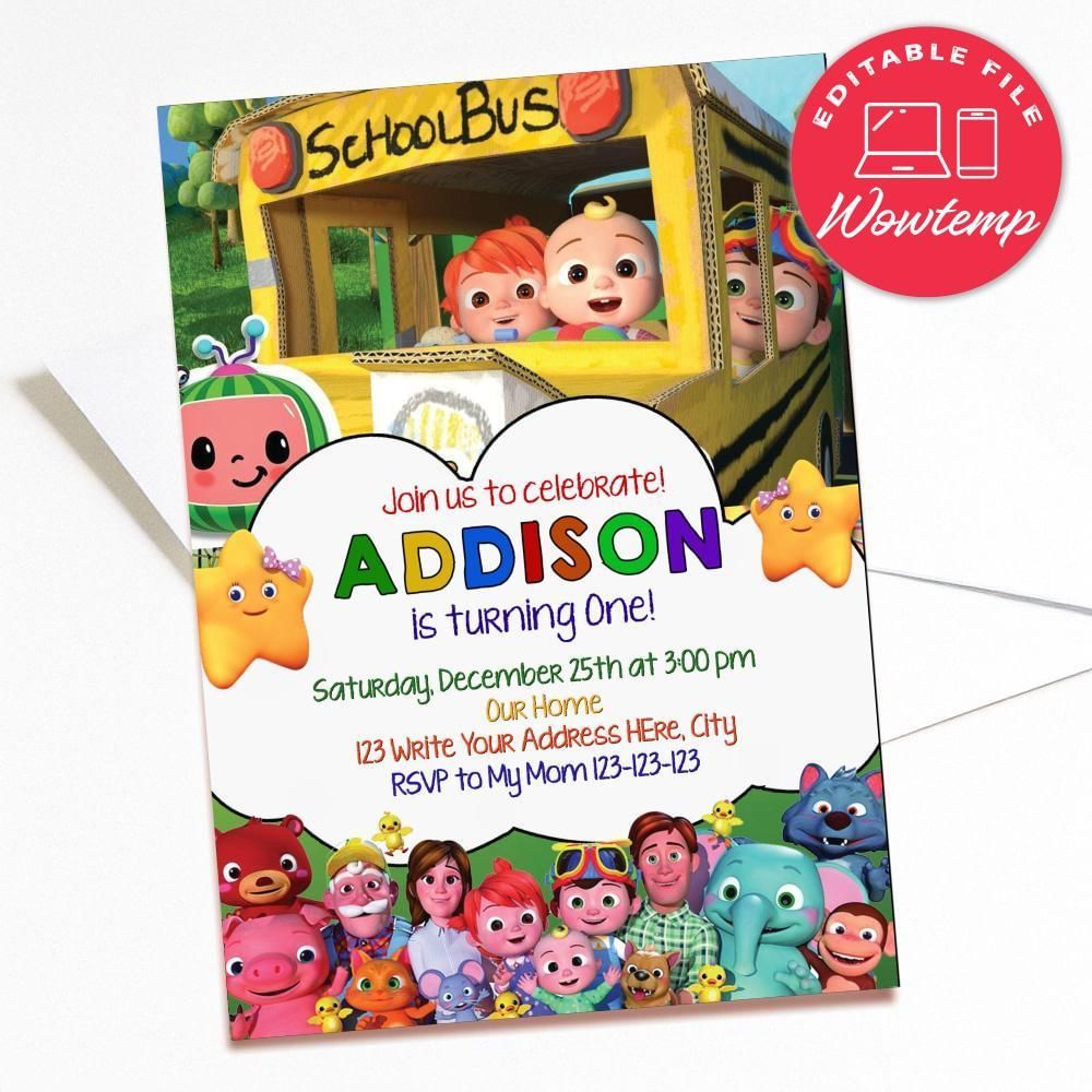 Printed - Editable Cocomelon Party Invitation (envelopes included)
