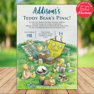 Printable Teddy Bear Picnic Birthday Invitation Instant Download