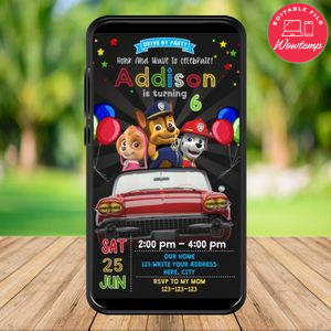 Mobile Paw Patrol Drive By Birthday Parade Electronic Invite Invitation Template Instant Download