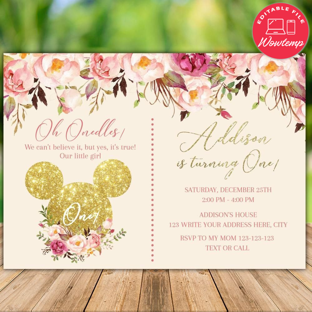 Printable Mickey Mouse Pink Gold Glitter First Birthday Flyer Instant Download