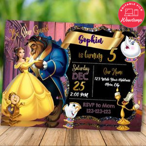 Editable Beauty And Beast Birthday Invitation Pink And Gold Instant Download