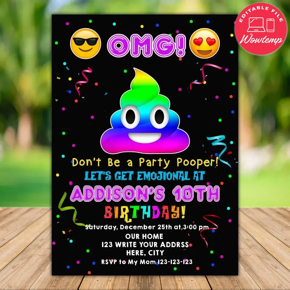Printable Poop Emoji Birthday Invitations Instant Download Wowtemp