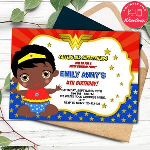 African American Wonder Baby Woman Invitation Template to Print at Home Instant Download