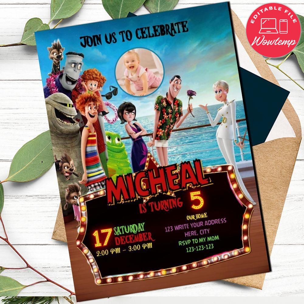 Printed - Editable Hotel Transylvania 3 Birthday Invitation With Photo (envelopes included)