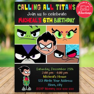 Editable Teen Titans Go Cartoon Birthday Party Invitation Digital File