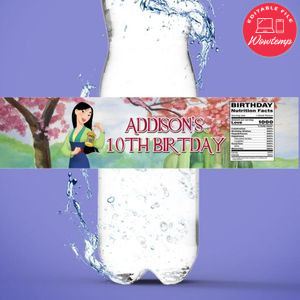 Mulan Water Bottle Label Template to Print at Home Instant Download