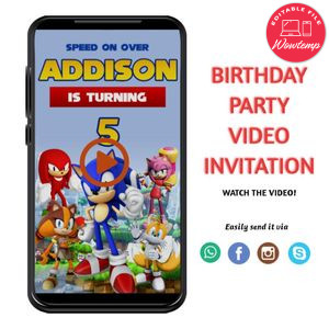 Digital Sonic the hedgehog Customizable Mp4 Video Invitation File Template Instant Download