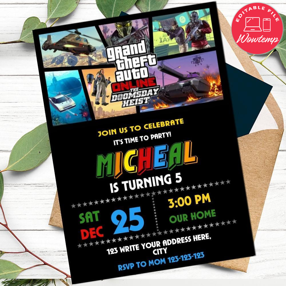 Grand theft auto Birthday Flyer Template to Print at Home Instant Download