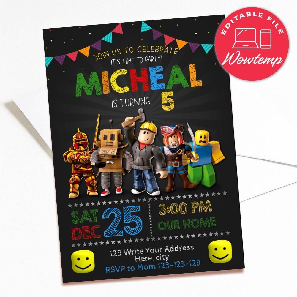 Printed - Editable Roblox Game Birthday Invitation Digital File (envelopes included)