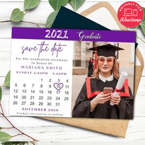 Purple Graduation Save The Date Calendar Customizable Template Instant Download