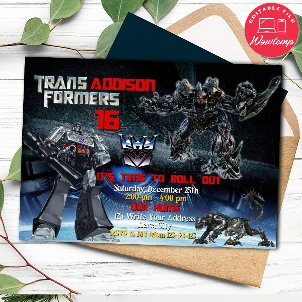 Transformer Megatron Birthday Flyer Template to print at home Instant Download